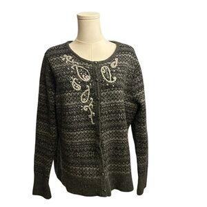 Eddie Bauer Cardigan Sweater Large Gray Embroidered Paisley Lambswool Cozy